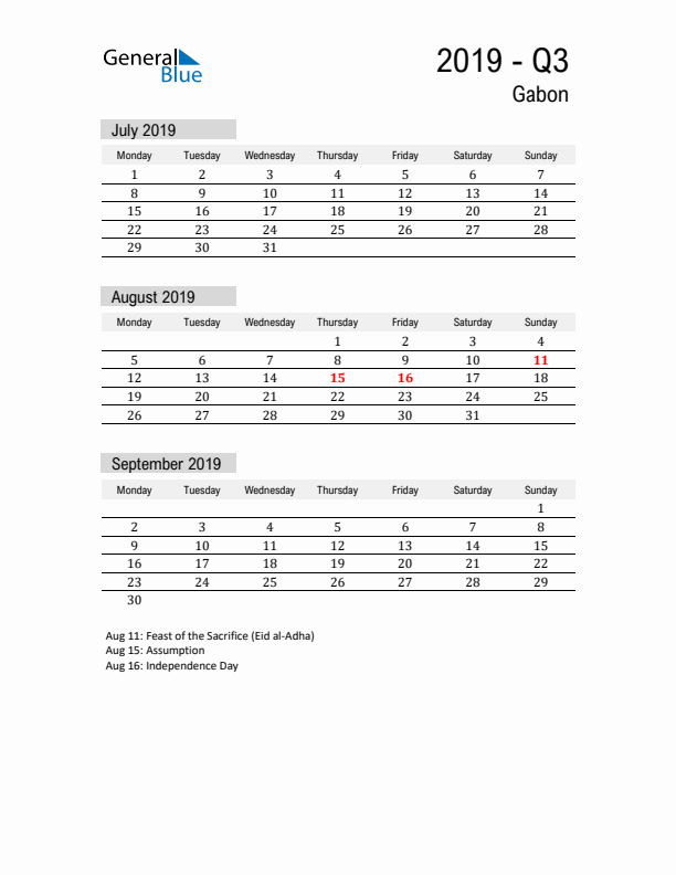 Gabon Quarter 3 2019 Calendar with Holidays