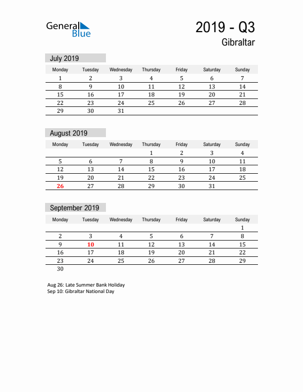 Gibraltar Quarter 3 2019 Calendar with Holidays