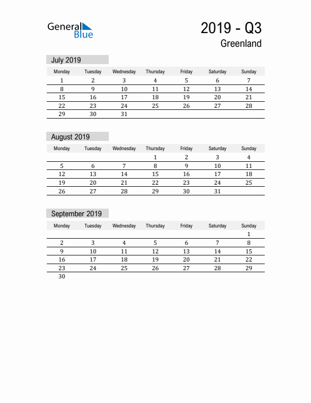 Greenland Quarter 3 2019 Calendar with Holidays