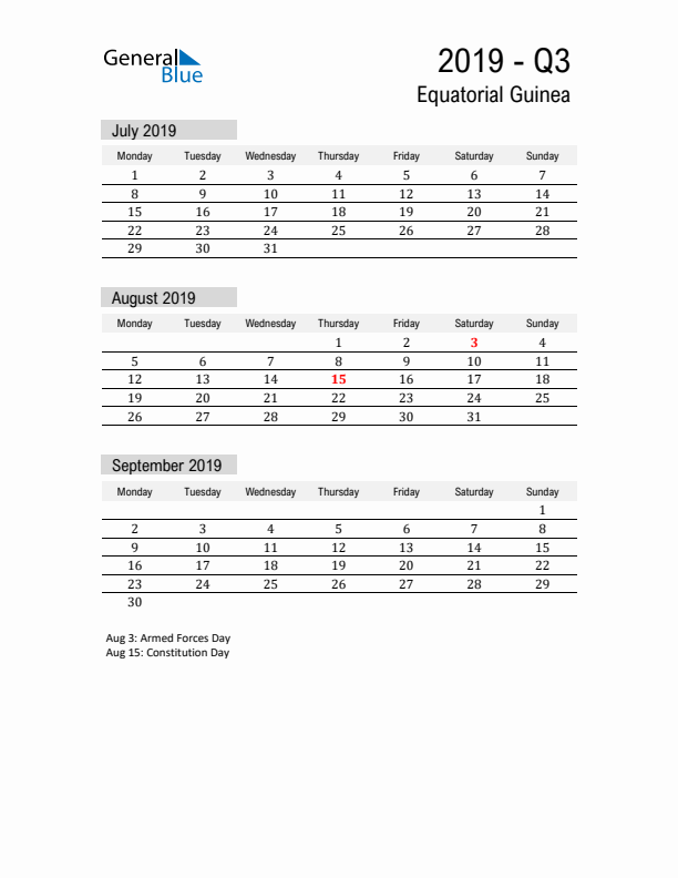 Equatorial Guinea Quarter 3 2019 Calendar with Holidays