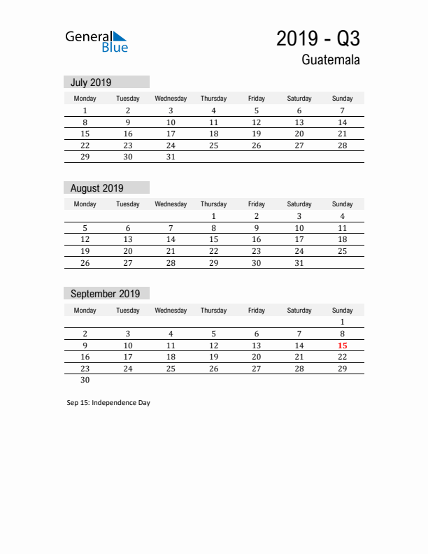 Guatemala Quarter 3 2019 Calendar with Holidays