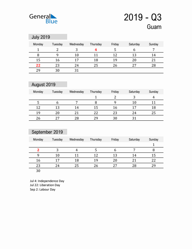 Guam Quarter 3 2019 Calendar with Holidays