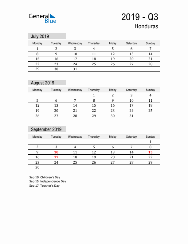 Honduras Quarter 3 2019 Calendar with Holidays