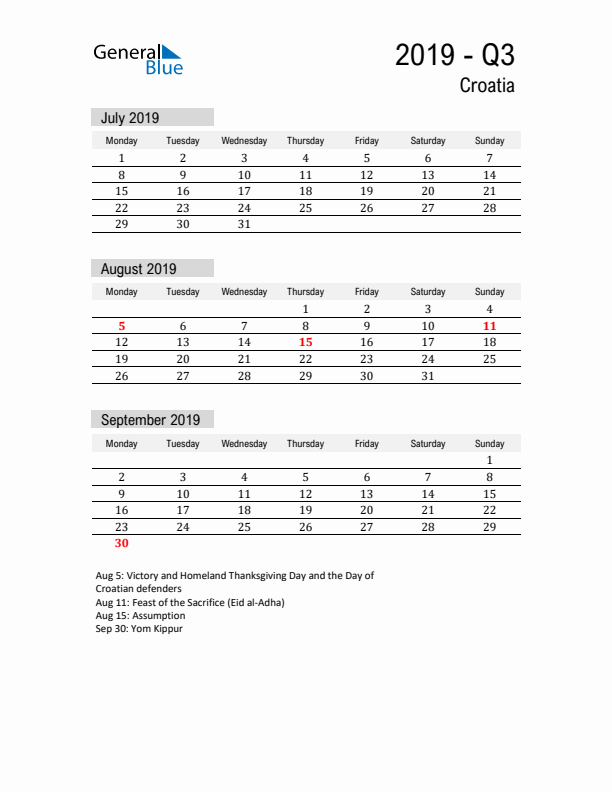 Croatia Quarter 3 2019 Calendar with Holidays