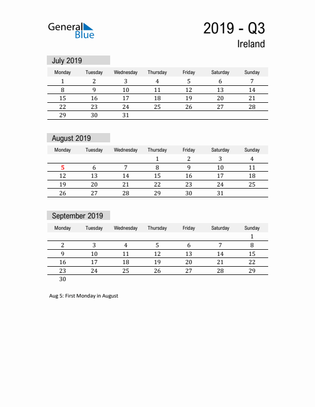 Ireland Quarter 3 2019 Calendar with Holidays