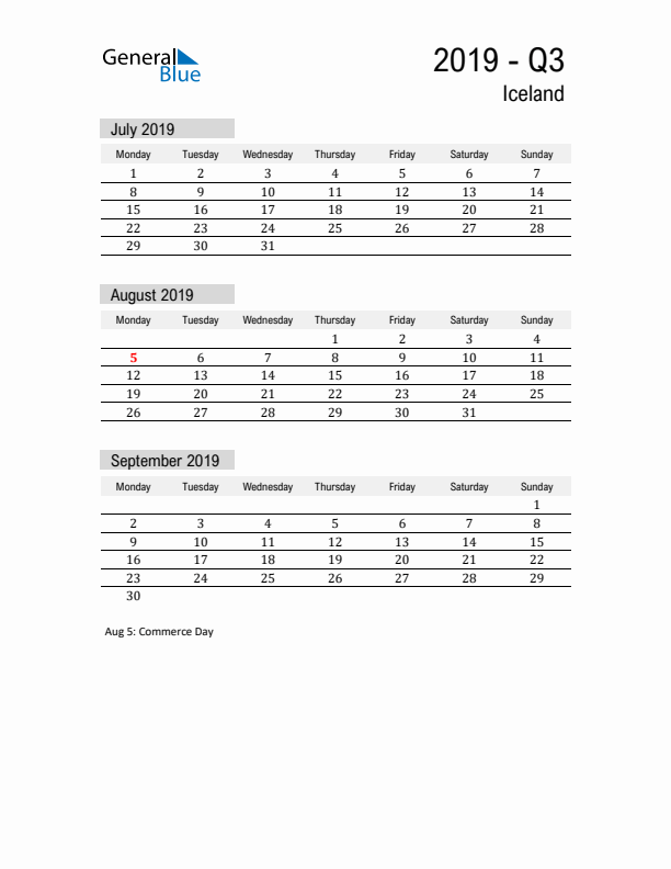 Iceland Quarter 3 2019 Calendar with Holidays