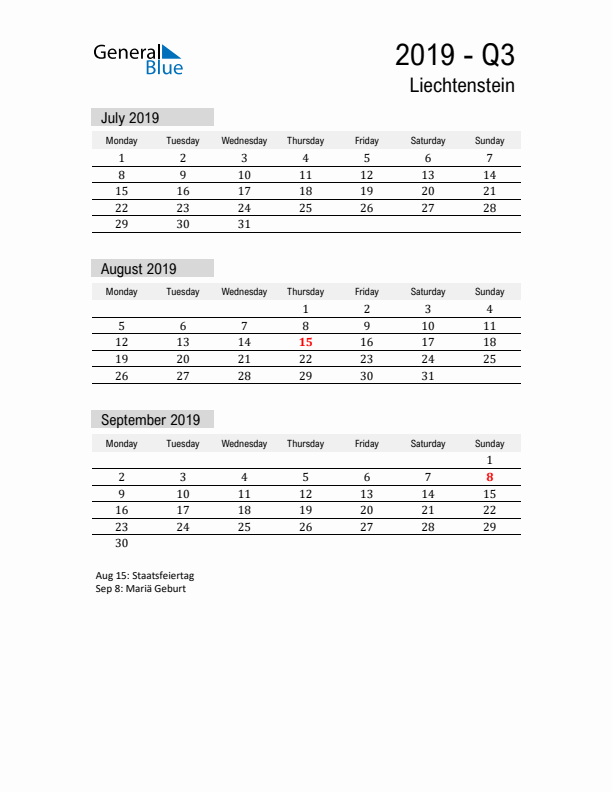 Liechtenstein Quarter 3 2019 Calendar with Holidays