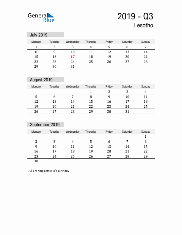 Lesotho Quarter 3 2019 Calendar with Holidays