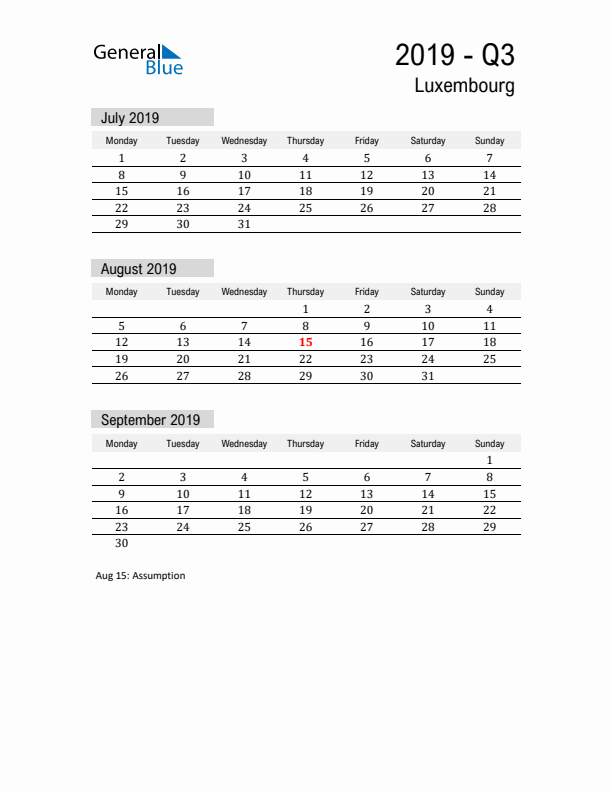 Luxembourg Quarter 3 2019 Calendar with Holidays