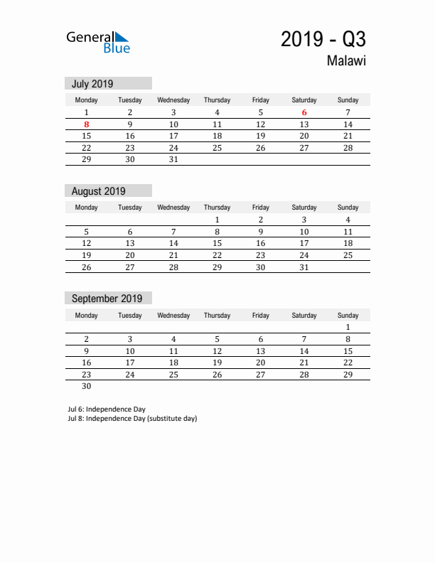 Malawi Quarter 3 2019 Calendar with Holidays