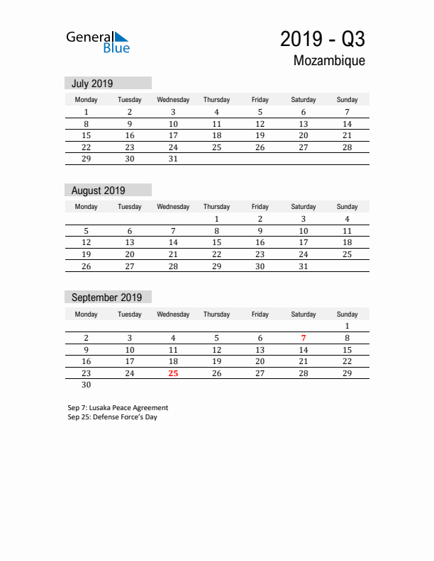 Mozambique Quarter 3 2019 Calendar with Holidays