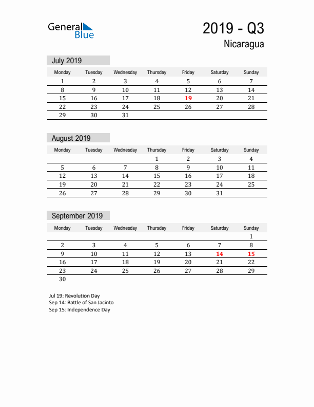 Nicaragua Quarter 3 2019 Calendar with Holidays