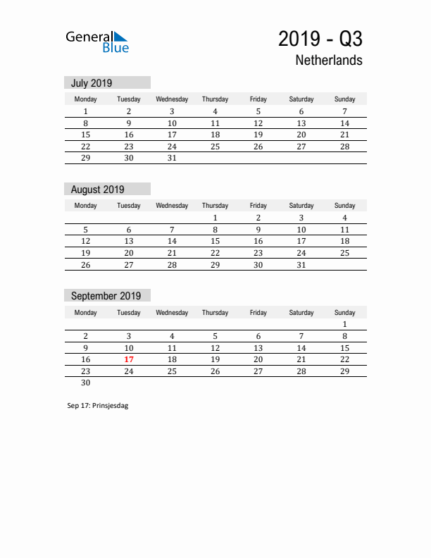 The Netherlands Quarter 3 2019 Calendar with Holidays