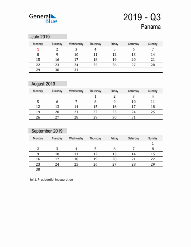 Panama Quarter 3 2019 Calendar with Holidays