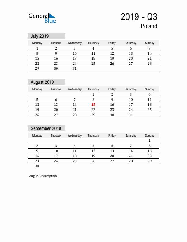 Poland Quarter 3 2019 Calendar with Holidays