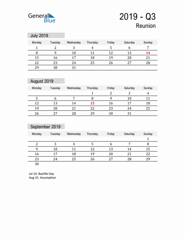 Reunion Quarter 3 2019 Calendar with Holidays