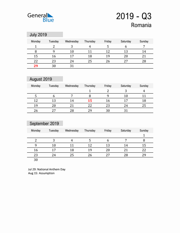 Romania Quarter 3 2019 Calendar with Holidays