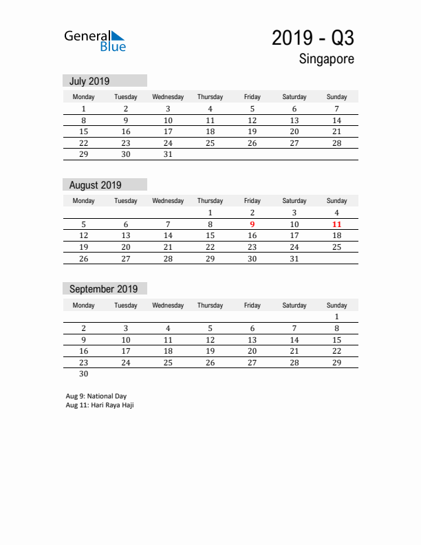 Singapore Quarter 3 2019 Calendar with Holidays