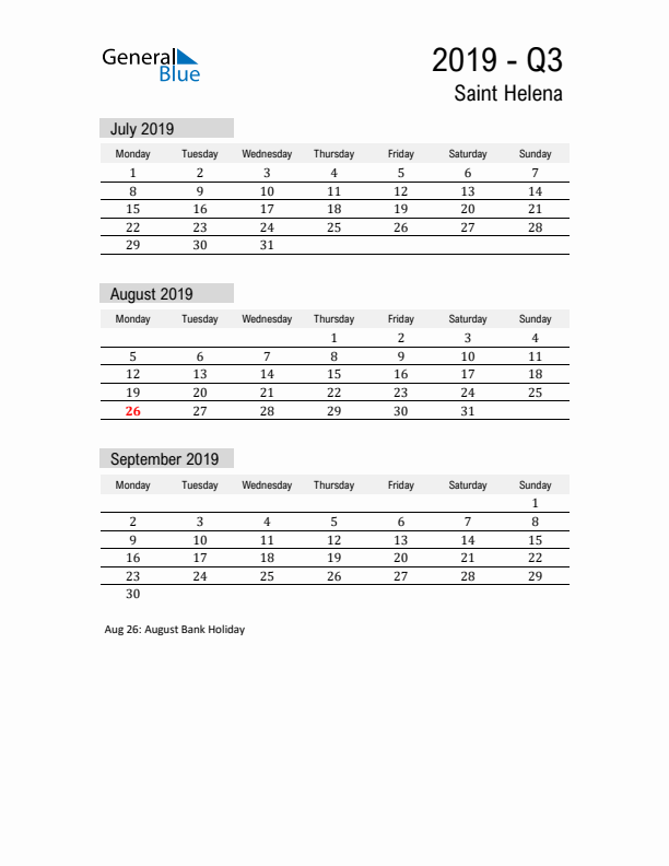 Saint Helena Quarter 3 2019 Calendar with Holidays