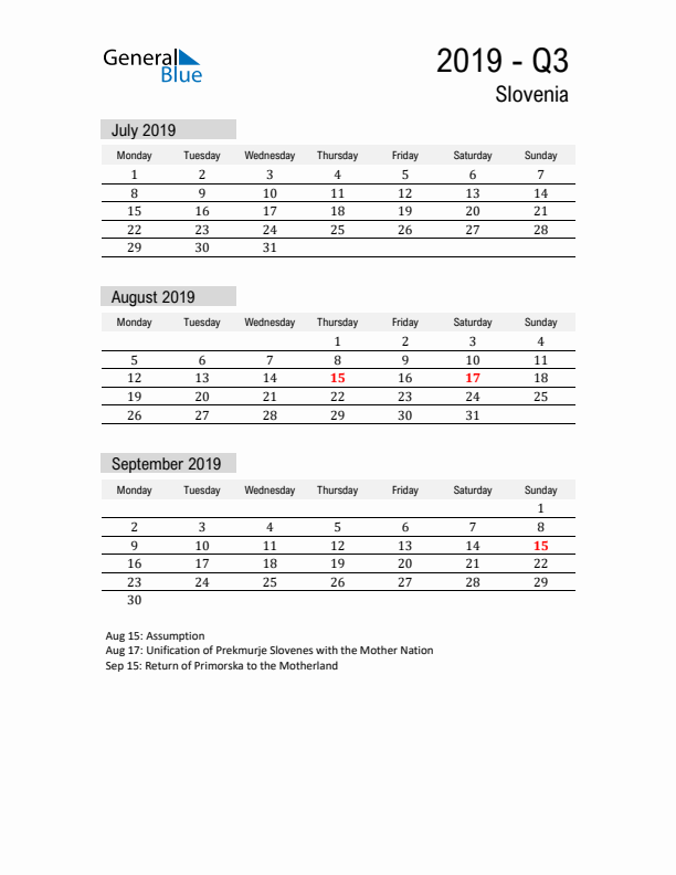 Slovenia Quarter 3 2019 Calendar with Holidays