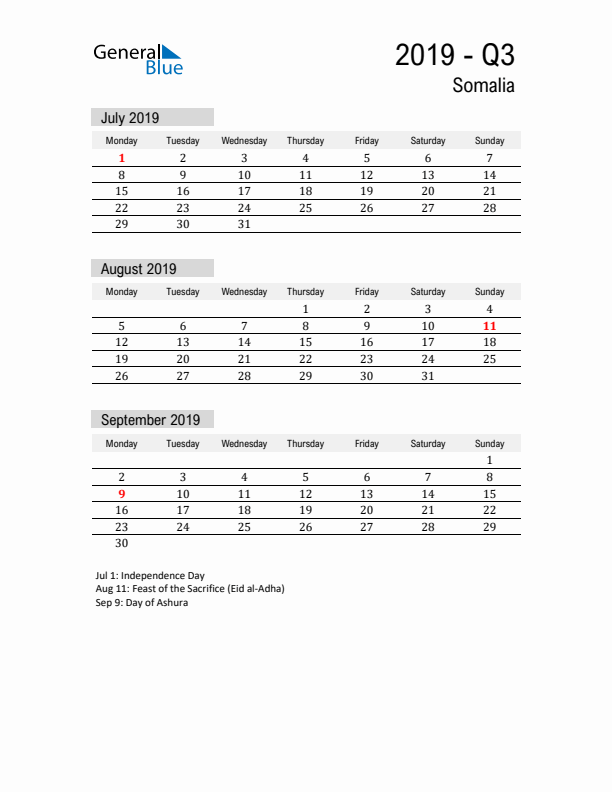 Somalia Quarter 3 2019 Calendar with Holidays