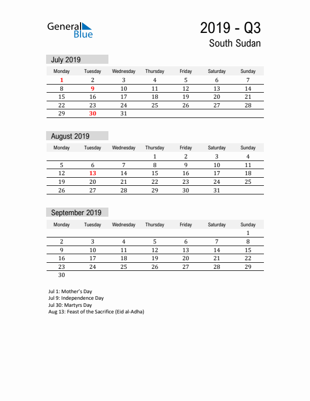 South Sudan Quarter 3 2019 Calendar with Holidays