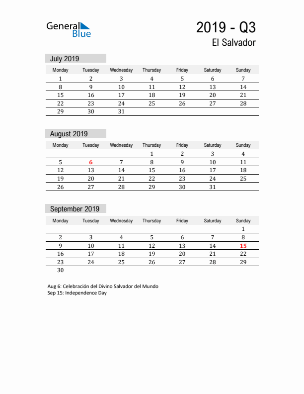 El Salvador Quarter 3 2019 Calendar with Holidays