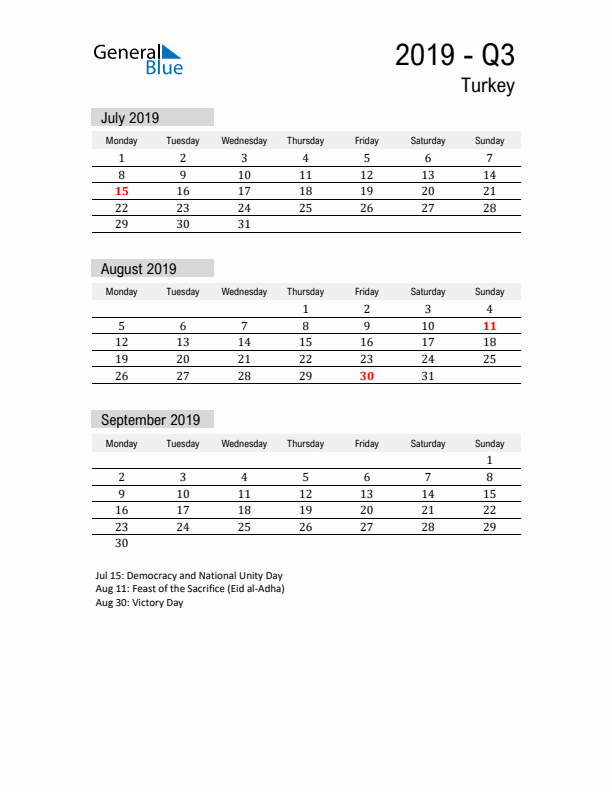 Turkey Quarter 3 2019 Calendar with Holidays