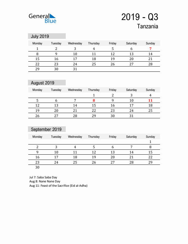 Tanzania Quarter 3 2019 Calendar with Holidays