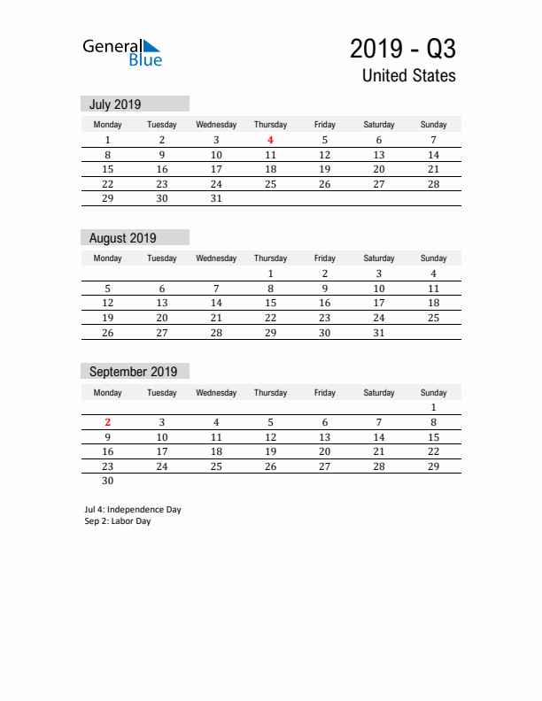 United States Quarter 3 2019 Calendar with Holidays