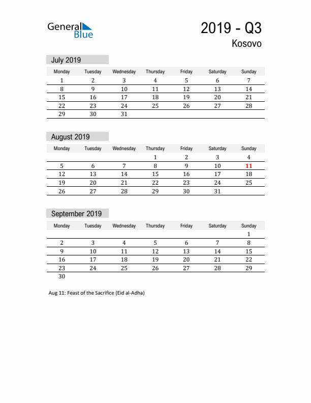 Kosovo Quarter 3 2019 Calendar with Holidays