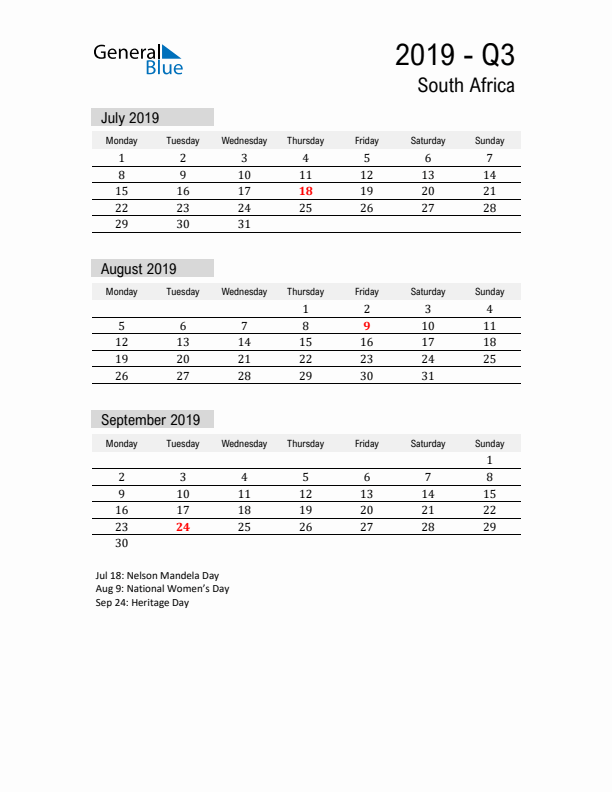 South Africa Quarter 3 2019 Calendar with Holidays