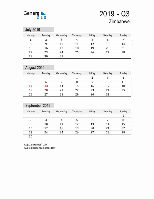 Zimbabwe Quarter 3 2019 Calendar with Holidays