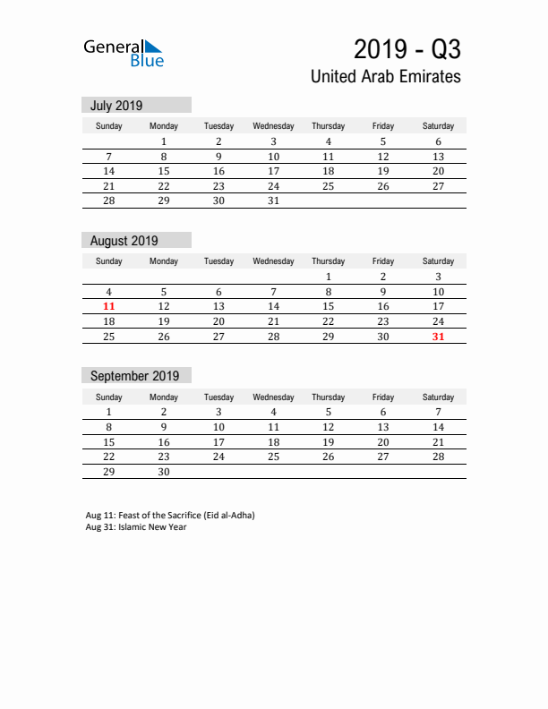 United Arab Emirates Quarter 3 2019 Calendar with Holidays