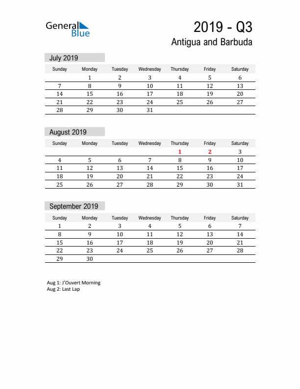 Antigua and Barbuda Quarter 3 2019 Calendar with Holidays