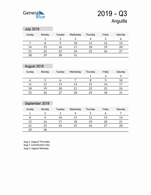 Anguilla Quarter 3 2019 Calendar with Holidays