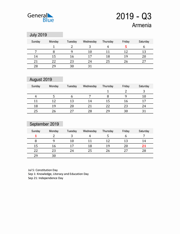 Armenia Quarter 3 2019 Calendar with Holidays