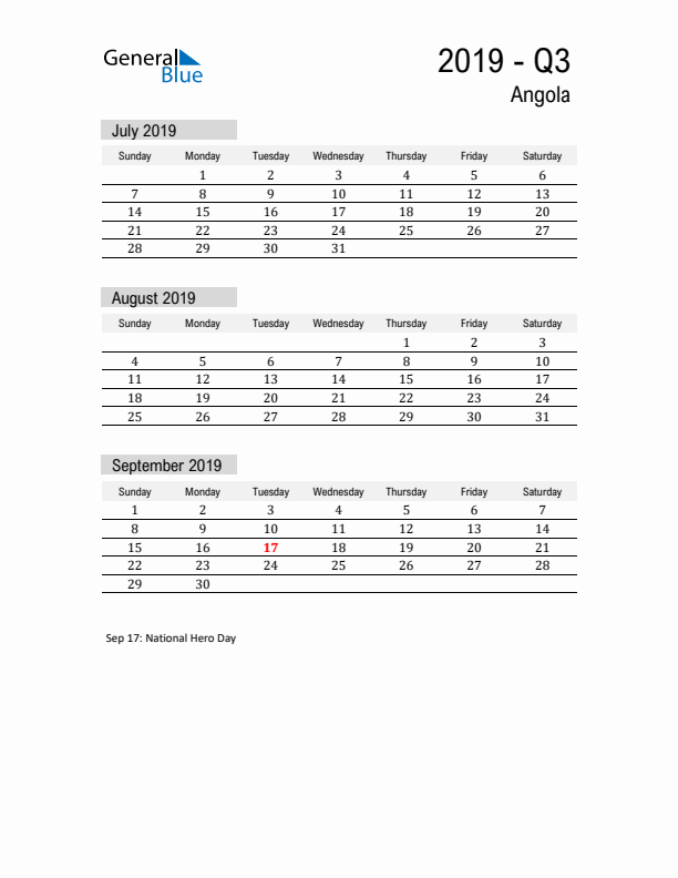 Angola Quarter 3 2019 Calendar with Holidays