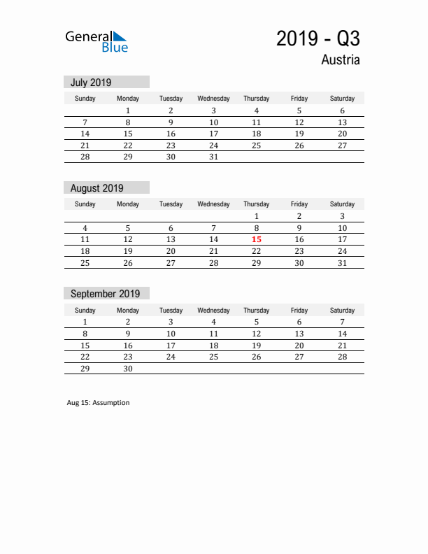 Austria Quarter 3 2019 Calendar with Holidays