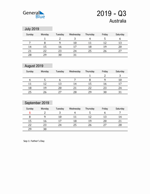 Australia Quarter 3 2019 Calendar with Holidays