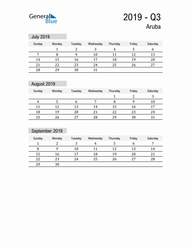 Aruba Quarter 3 2019 Calendar with Holidays