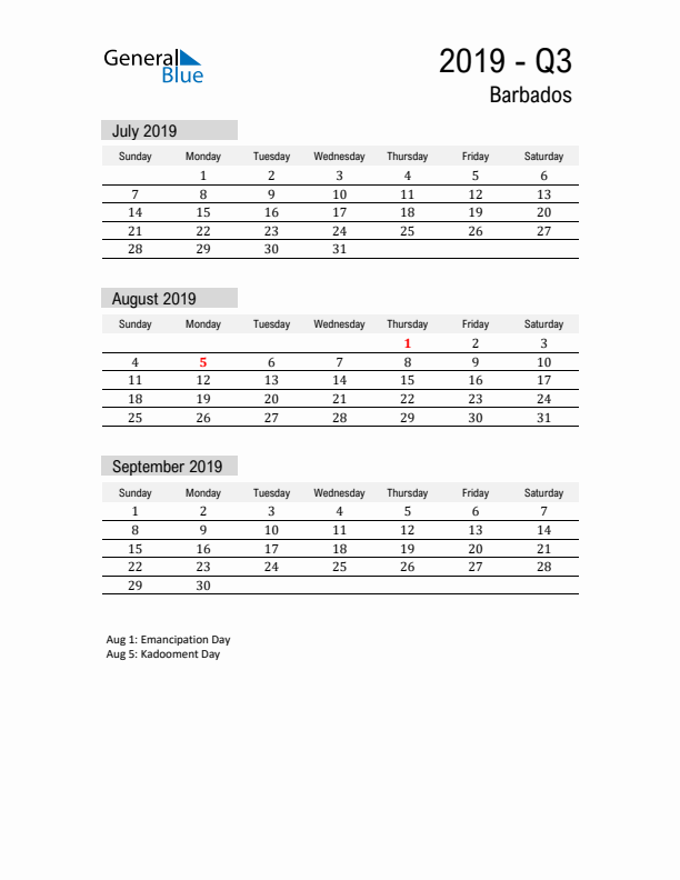 Barbados Quarter 3 2019 Calendar with Holidays