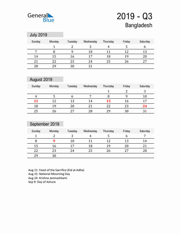 Bangladesh Quarter 3 2019 Calendar with Holidays