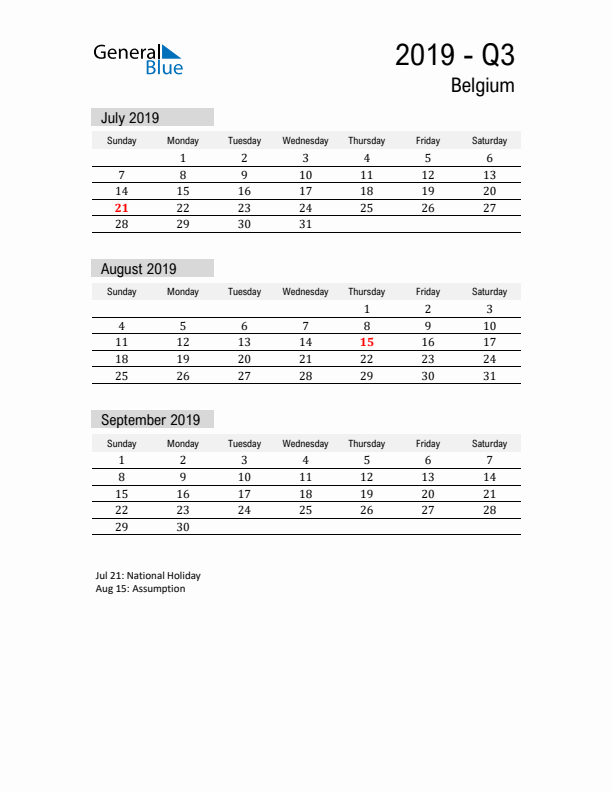 Belgium Quarter 3 2019 Calendar with Holidays