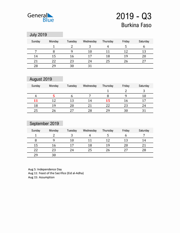 Burkina Faso Quarter 3 2019 Calendar with Holidays