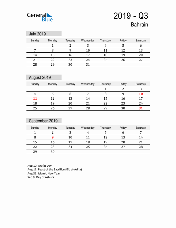 Bahrain Quarter 3 2019 Calendar with Holidays