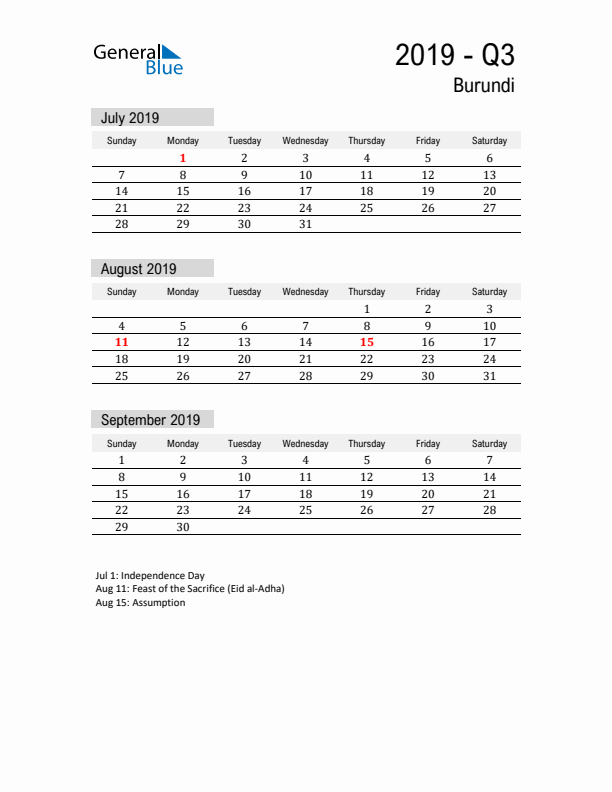 Burundi Quarter 3 2019 Calendar with Holidays