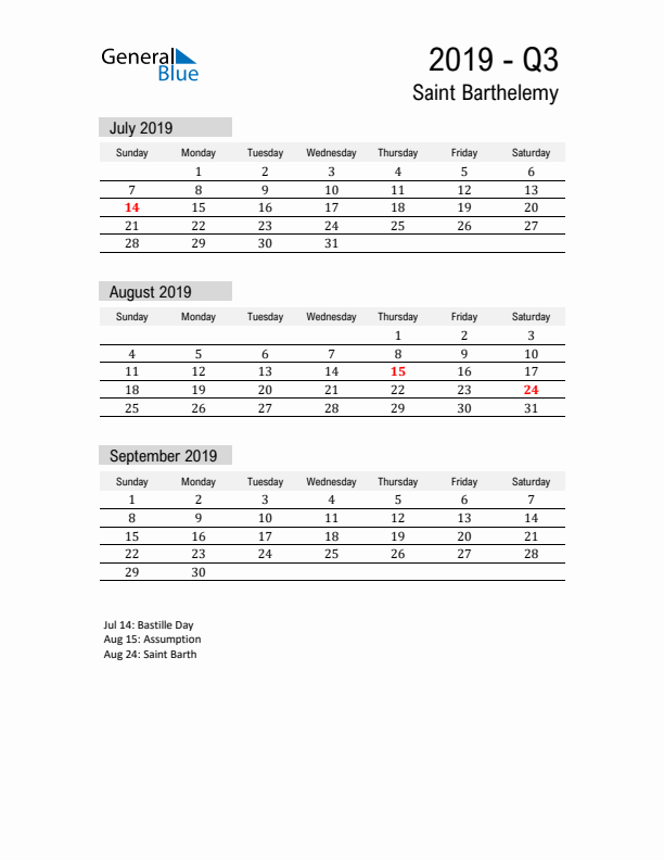 Saint Barthelemy Quarter 3 2019 Calendar with Holidays