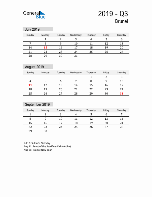 Brunei Quarter 3 2019 Calendar with Holidays