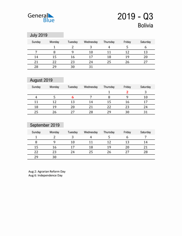 Bolivia Quarter 3 2019 Calendar with Holidays